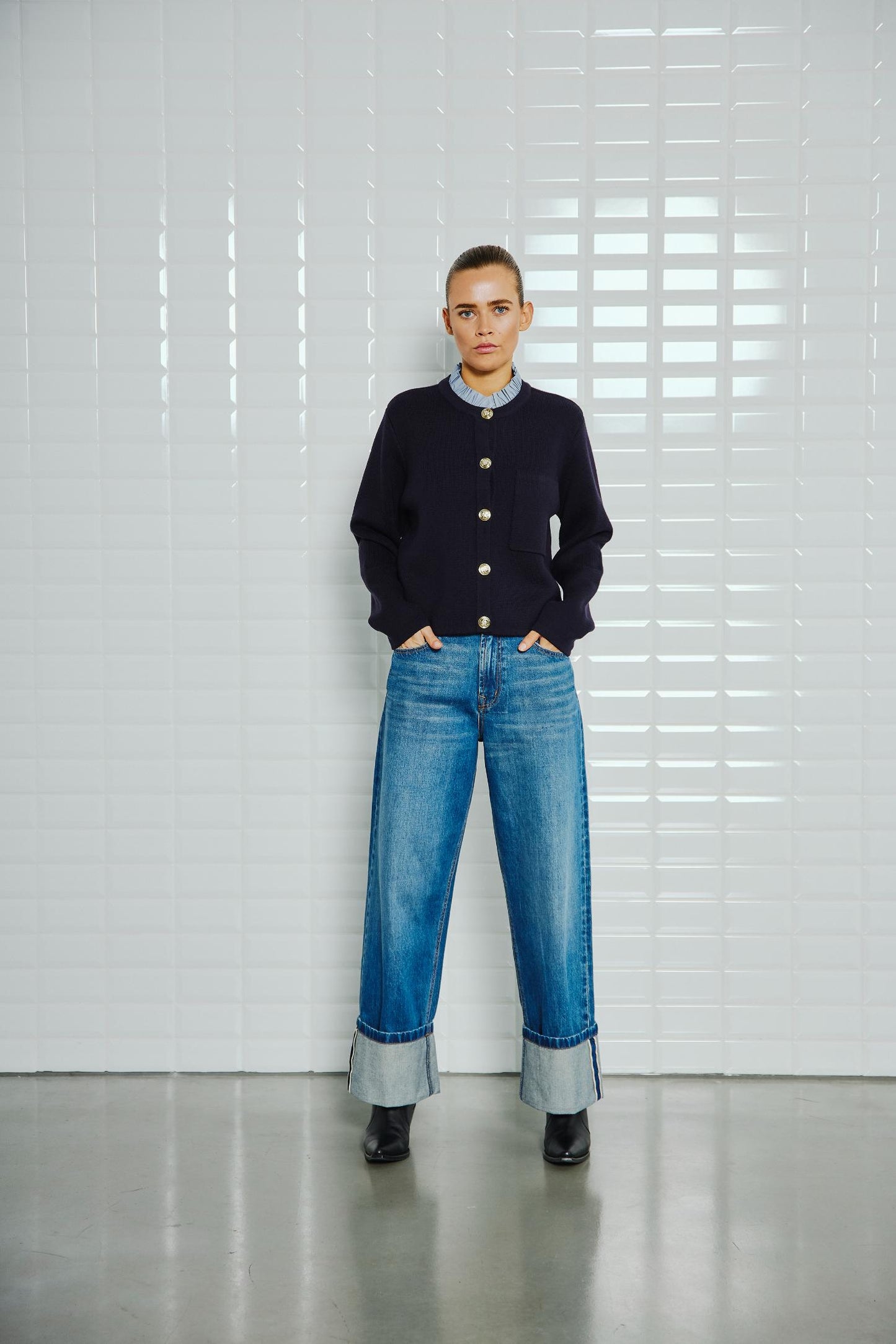 With Black Celeste Cardigan in Navy