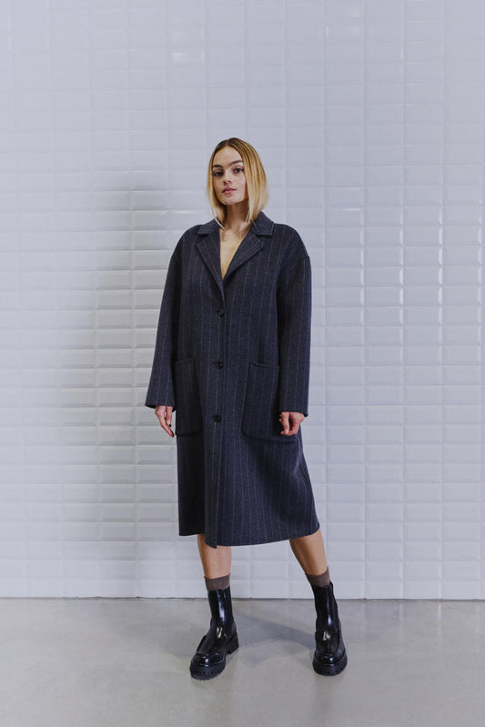 With Black Selina Wollmantel in Anthrazit Stripe
